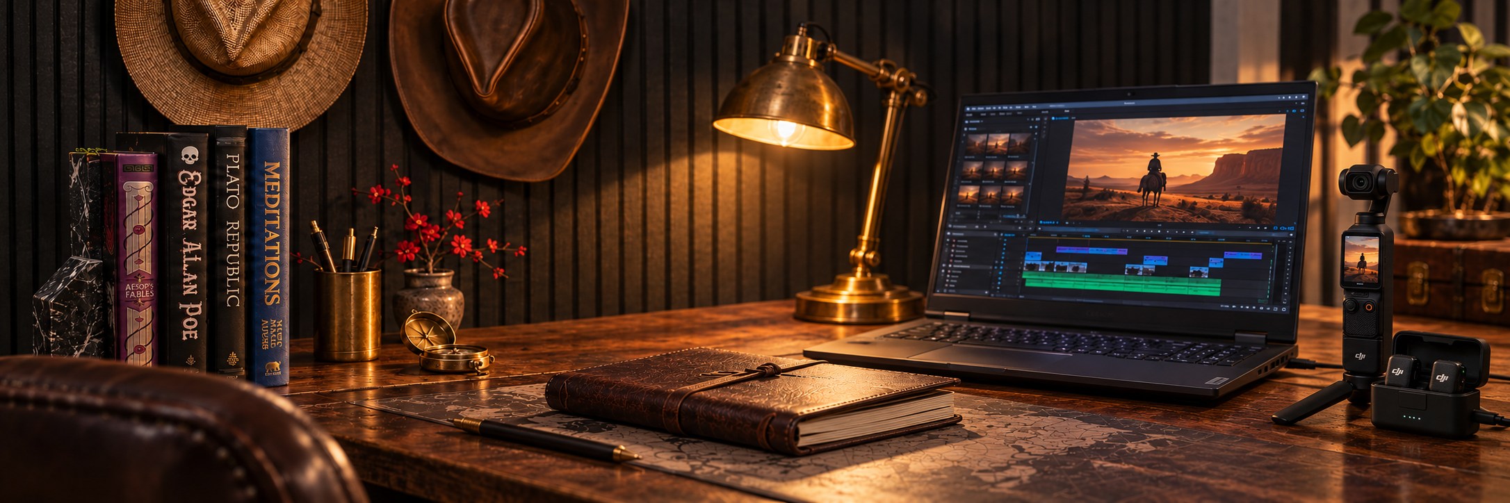 A warmly lit Western workbench with books, cowboy hats, a dark editing laptop showing a rider at sunset, a pocket camera on a mini tripod, and wireless microphones charging nearby.